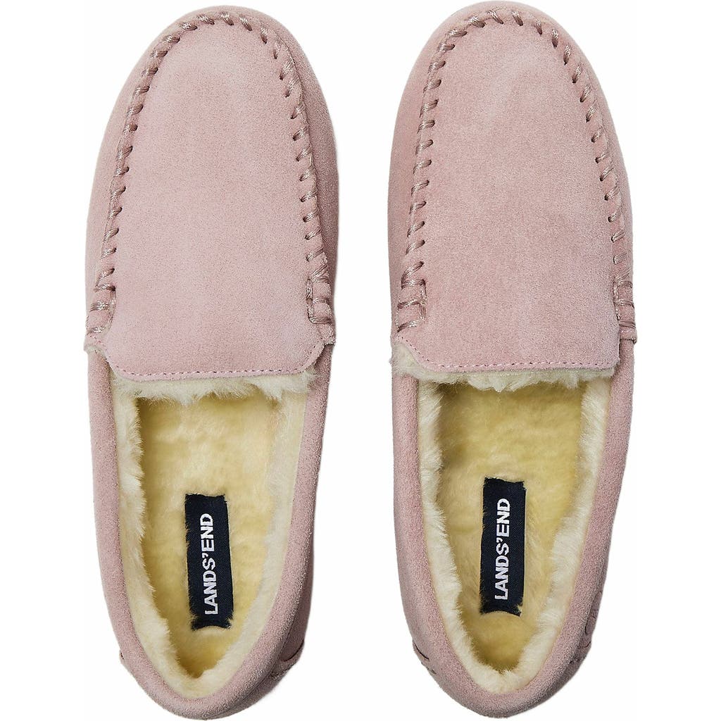 Lands' End Fuzzy Lined Suede Moccasin Slippers In Pink