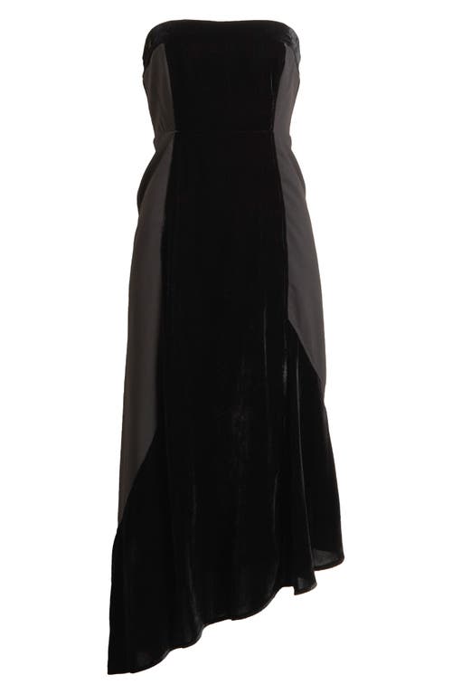 Du Paradis Geneva Mixed Media Strapless Asymmetric Midi Dress In Black