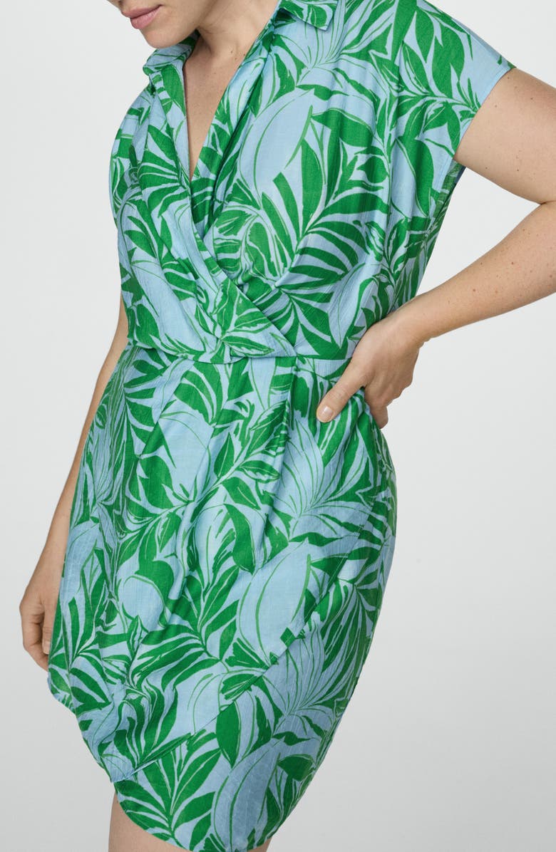 MANGO Palm Frond Faux Wrap Mini Shirtdress, Alternate, color, Blue