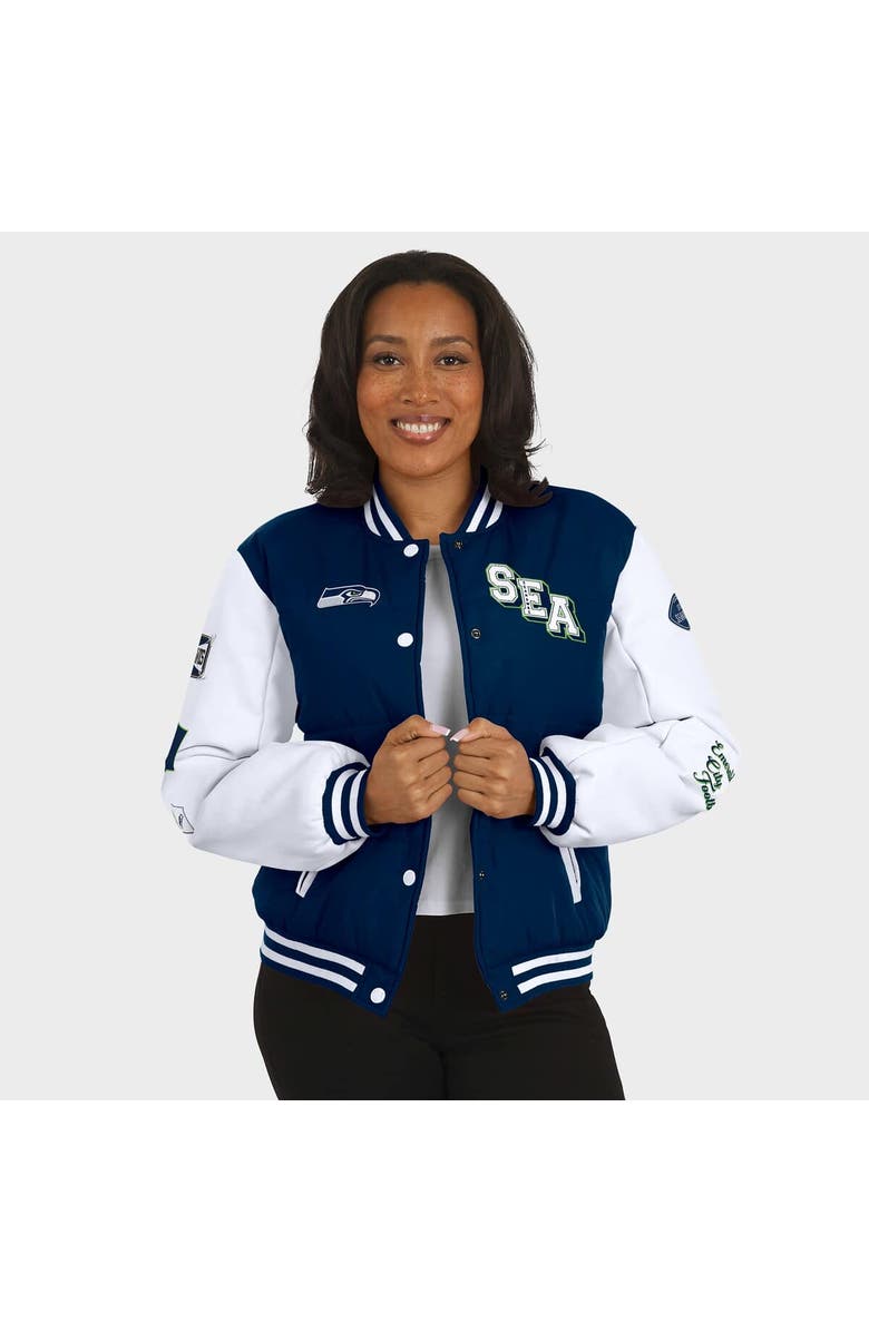 WEAR by Erin Andrews Women's WEAR by Erin Andrews College Navy Seattle Seahawks Varsity Full-Snap Puffer Jacket, Alternate, color, College Navy