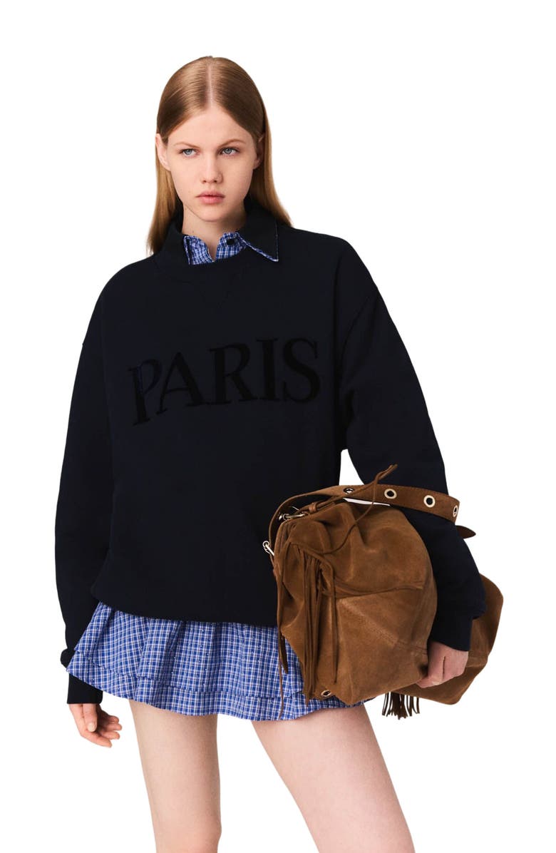 maje Paris embossed logo sweatshirt, Alternate, color, Navy