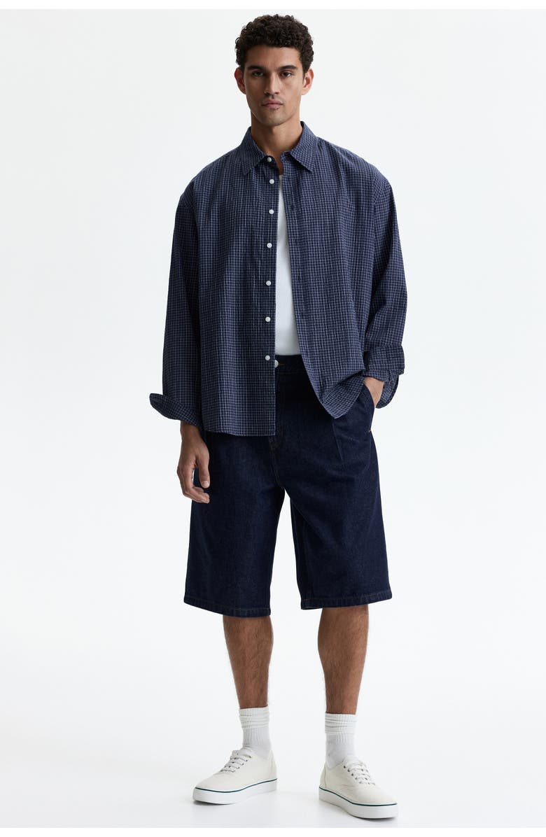 H&M Baggy Pleated Denim Shorts, Alternate, color, Dark Denim Blue