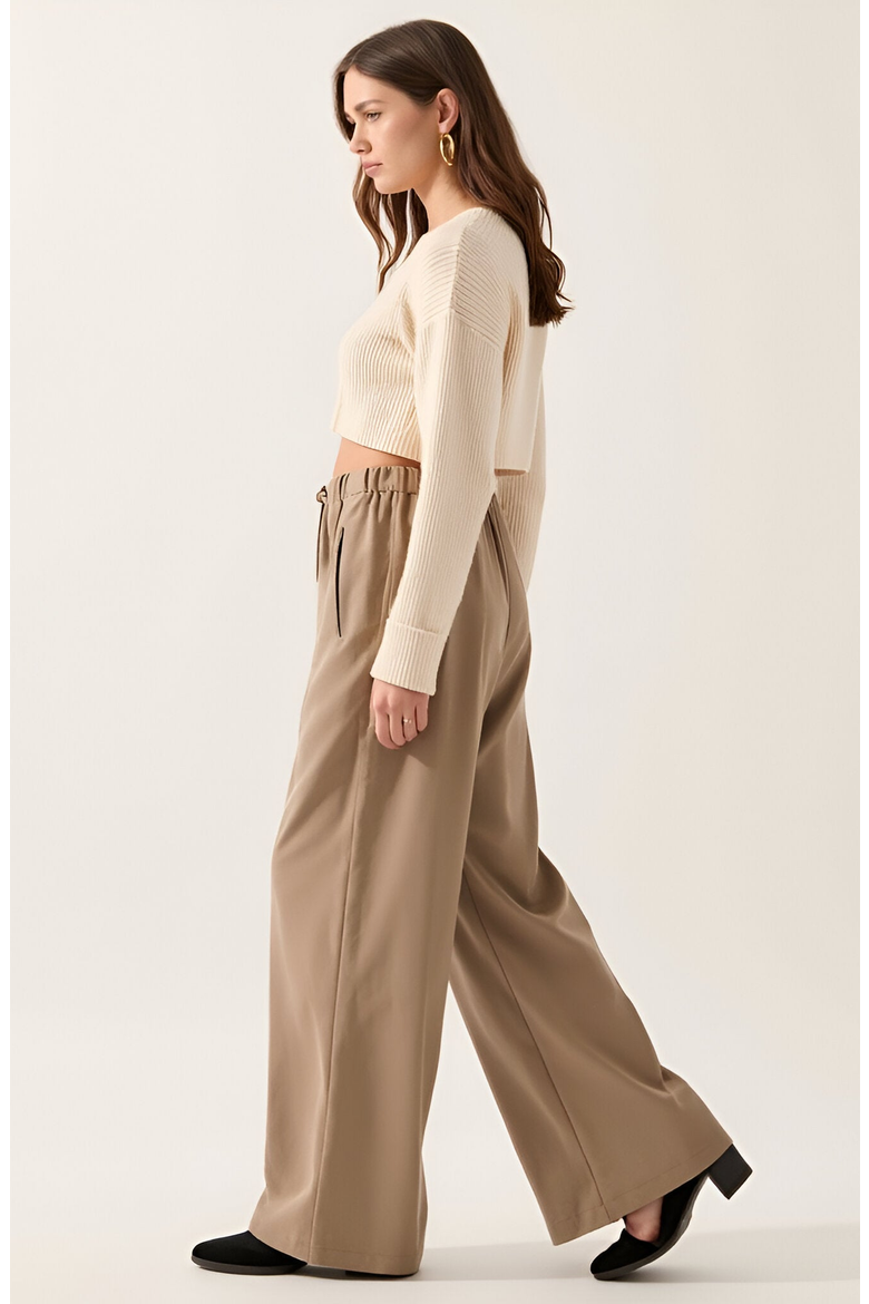 Wide-Leg Front-Seam Elastic Drawstring Waist Trousers, Alternate, color, Beige