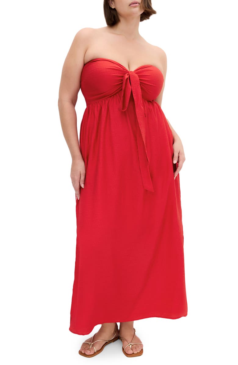 City Chic Peta Serene Convertible Strapless Maxi Dress, Main, color, Cherry Red