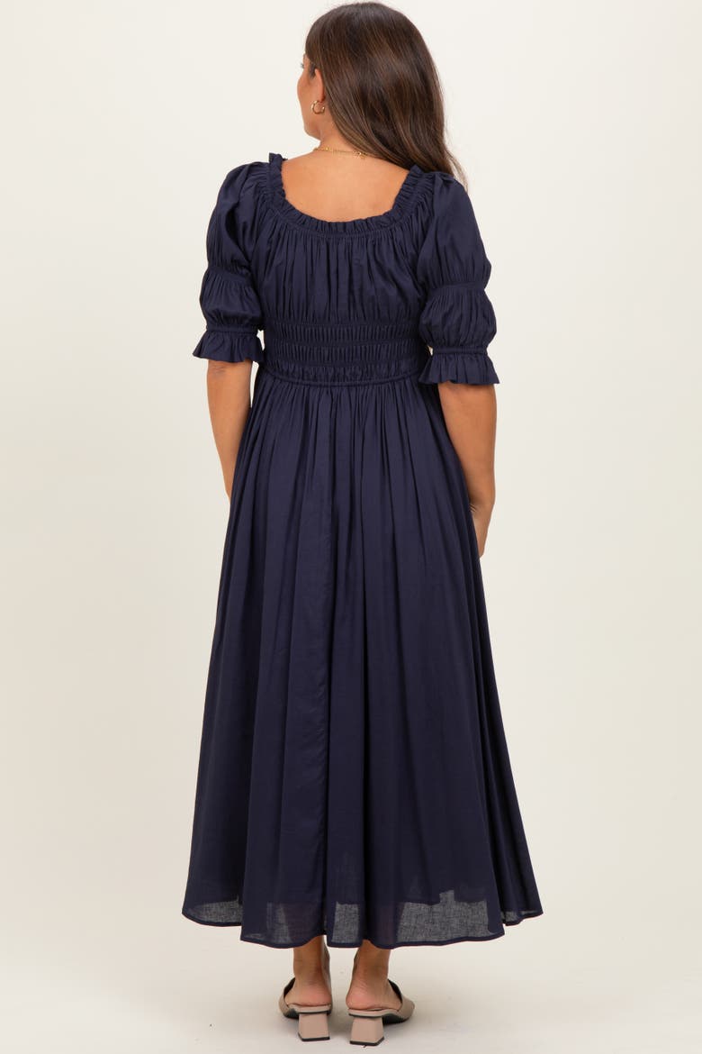 Smocked Ruffle Square Neck Midi Dress, Alternate, color, Navy Blue