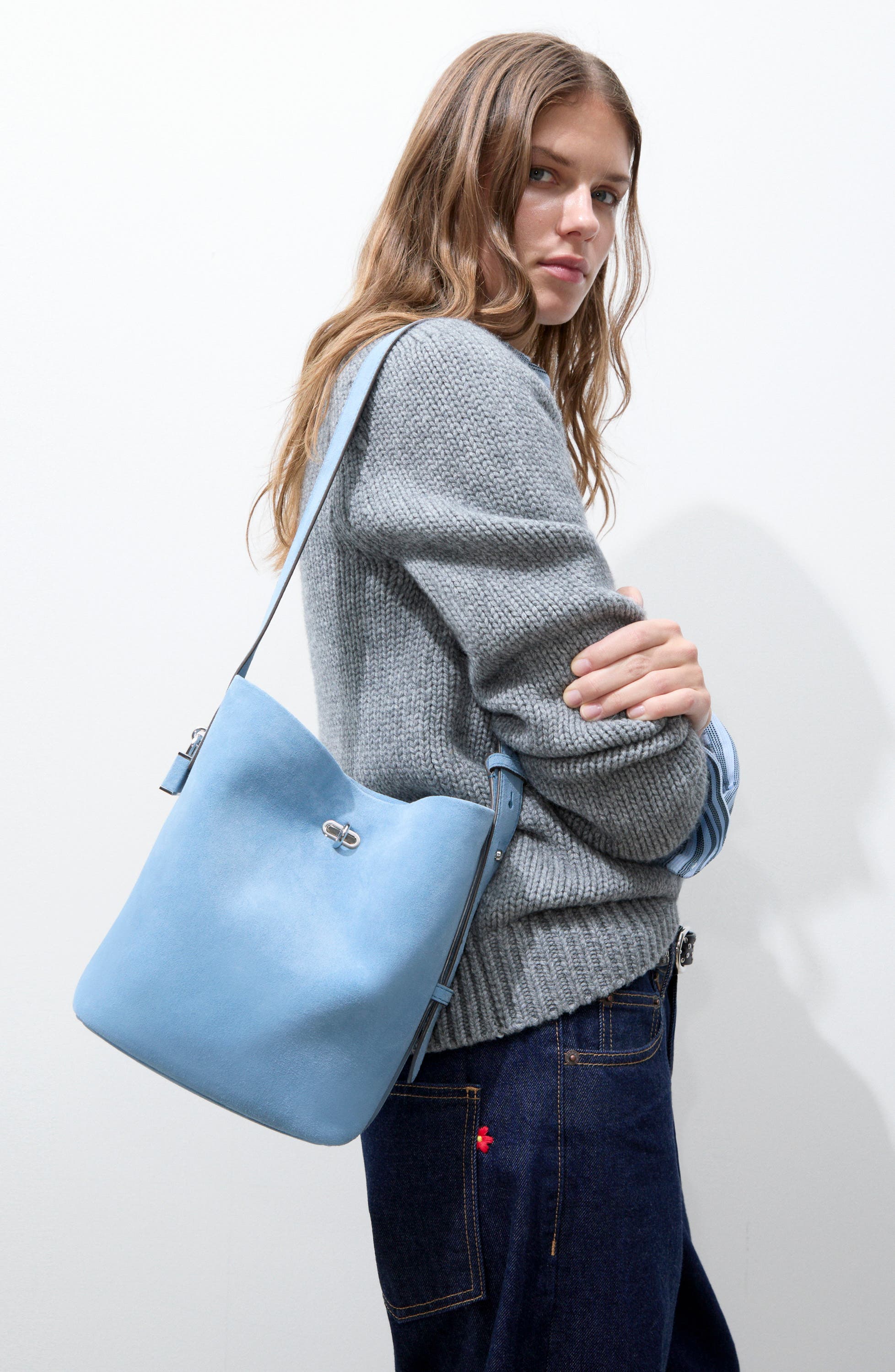 Lock Medium Slim Suede Bucket Bag, Alternate, color, STEEL BLUE