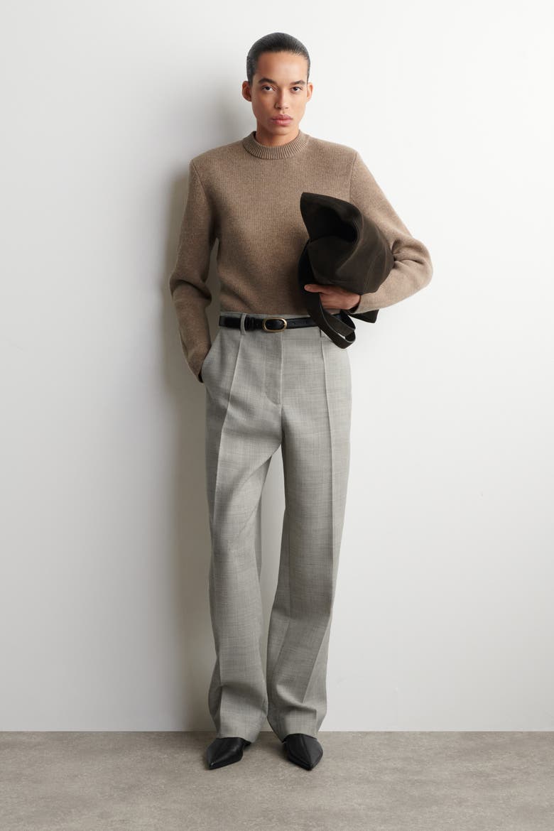 Sculpted-shoulder Merino Wool Sweater, Alternate, color, BEIGE
