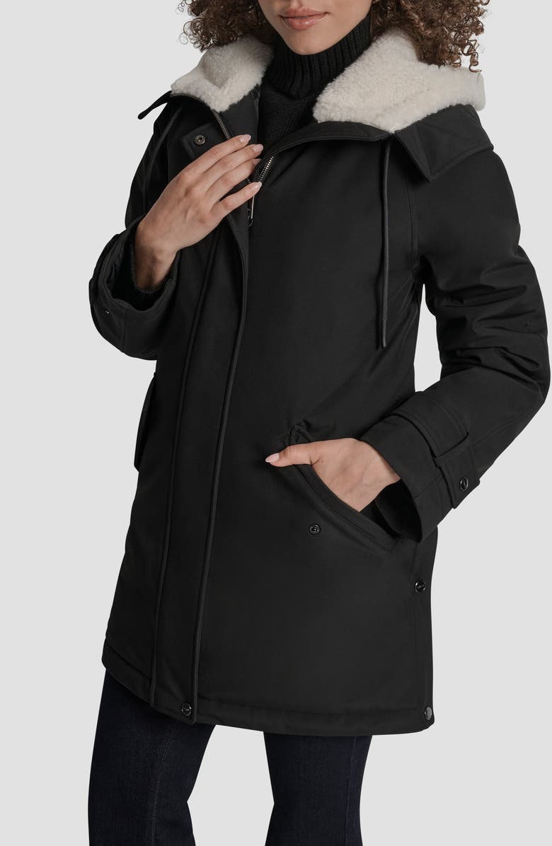 DKNY Faux Fur Lined Hooded Softshell Parka, Alternate, color, Black