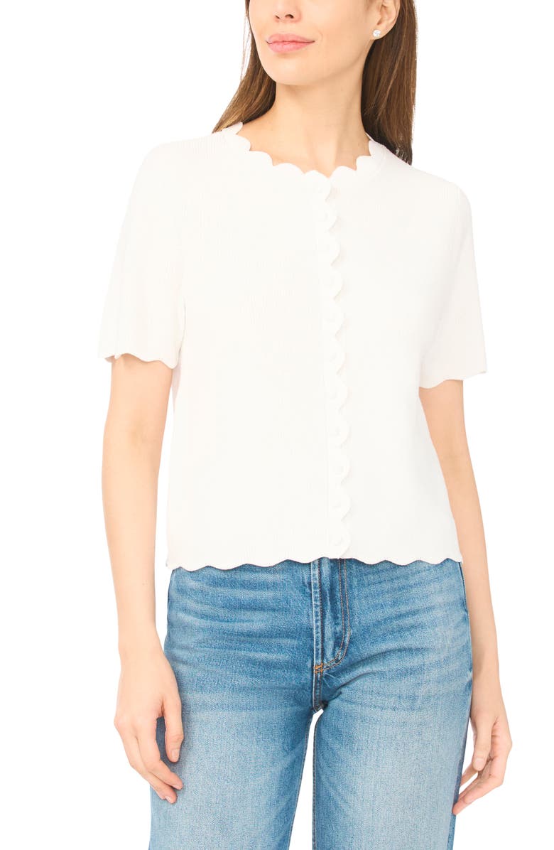 CeCe Scallop Edge Short Sleeve Cardigan, Main, color, Antique White