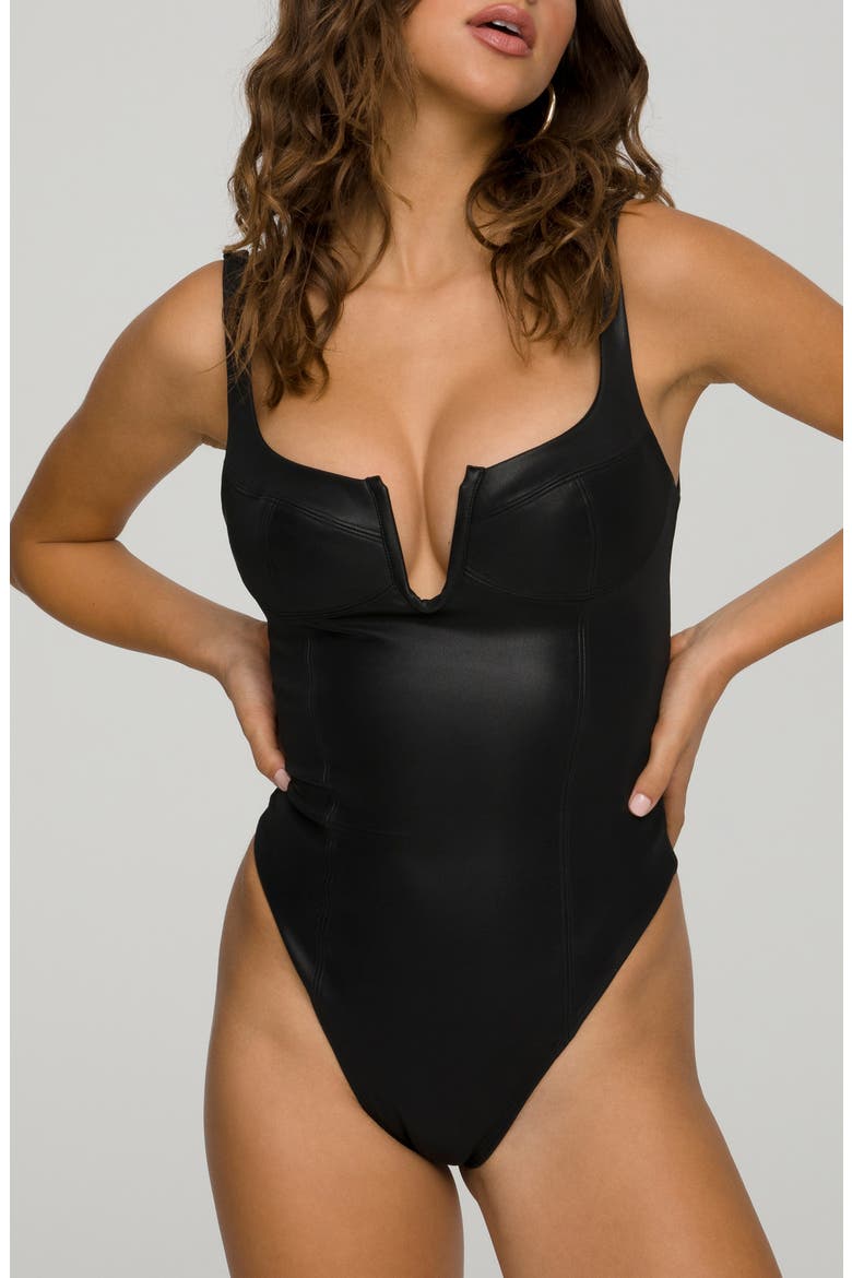 U-Neck Corset Faux Leather Bodysuit, Alternate, color, BLACK