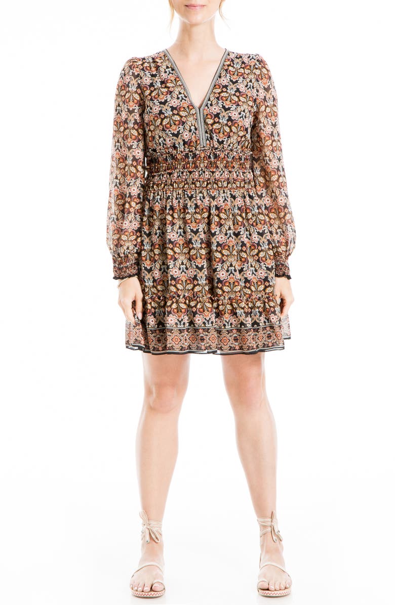 MAX STUDIO Geometric Floral Print Smocked Waist Dress, Main, color,