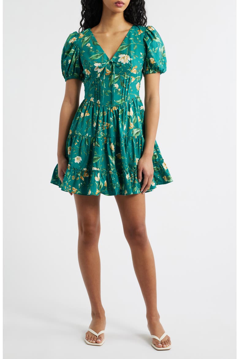 Floral Pintuck Puff Sleeve Cotton Fit & Flare Sundress, Main, color, GREEN MULTI