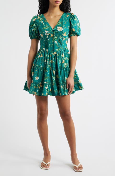 Floral Pintuck Puff Sleeve Cotton Fit & Flare Sundress