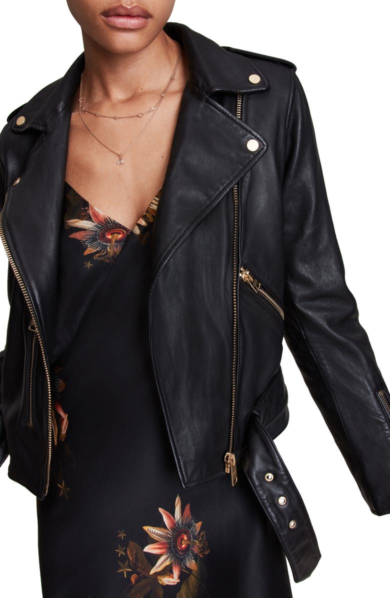 AllSaints Balfern Gold Leather Biker Jacket, Alternate, color, 