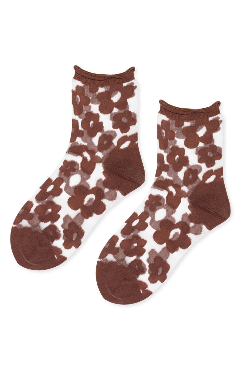 Hansel From Basel Poppy Flower Sheer Crew Socks, Main, color, Mocha