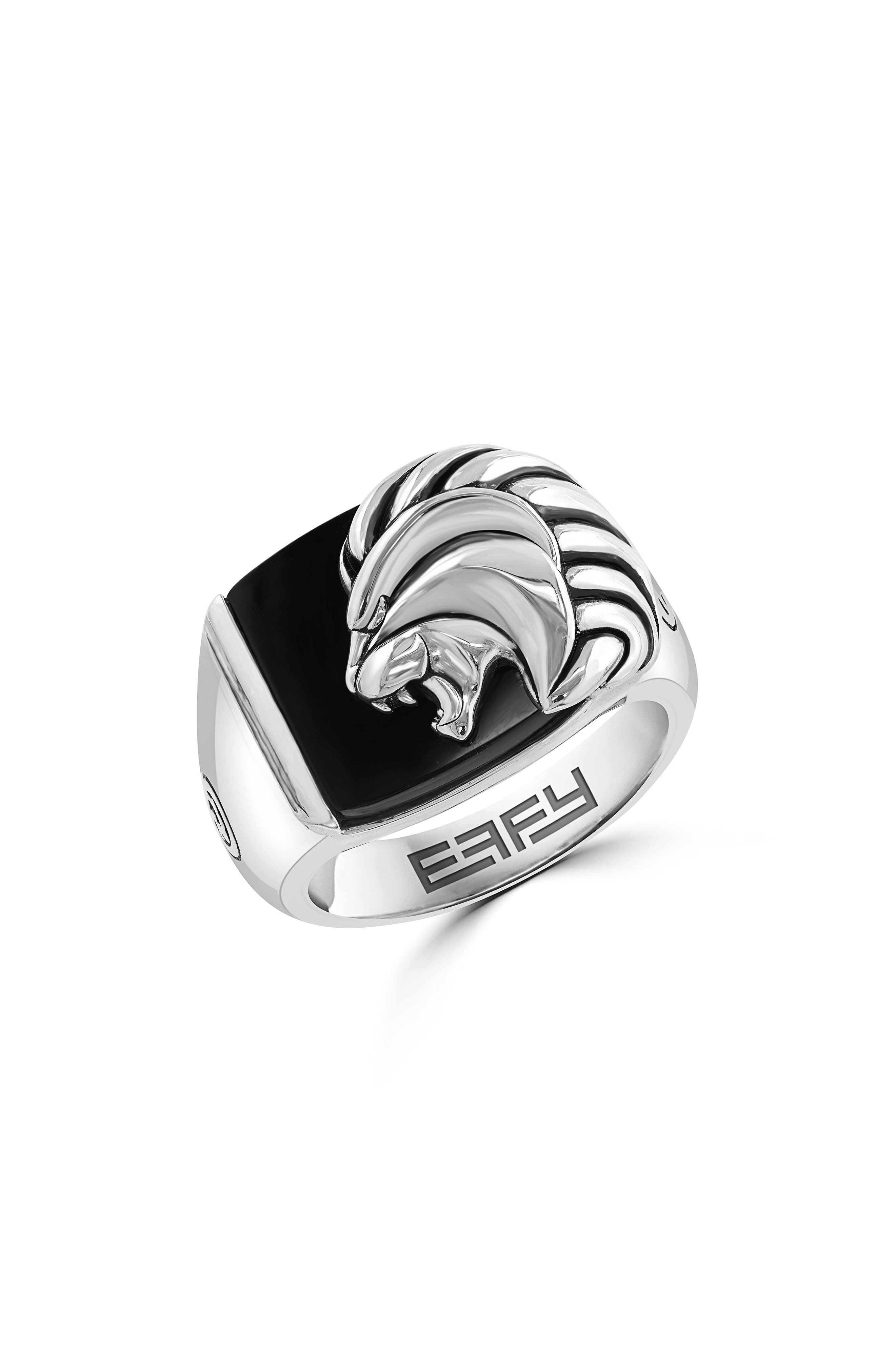 Men's Sterling Silver Onyx Lion Signet Ring