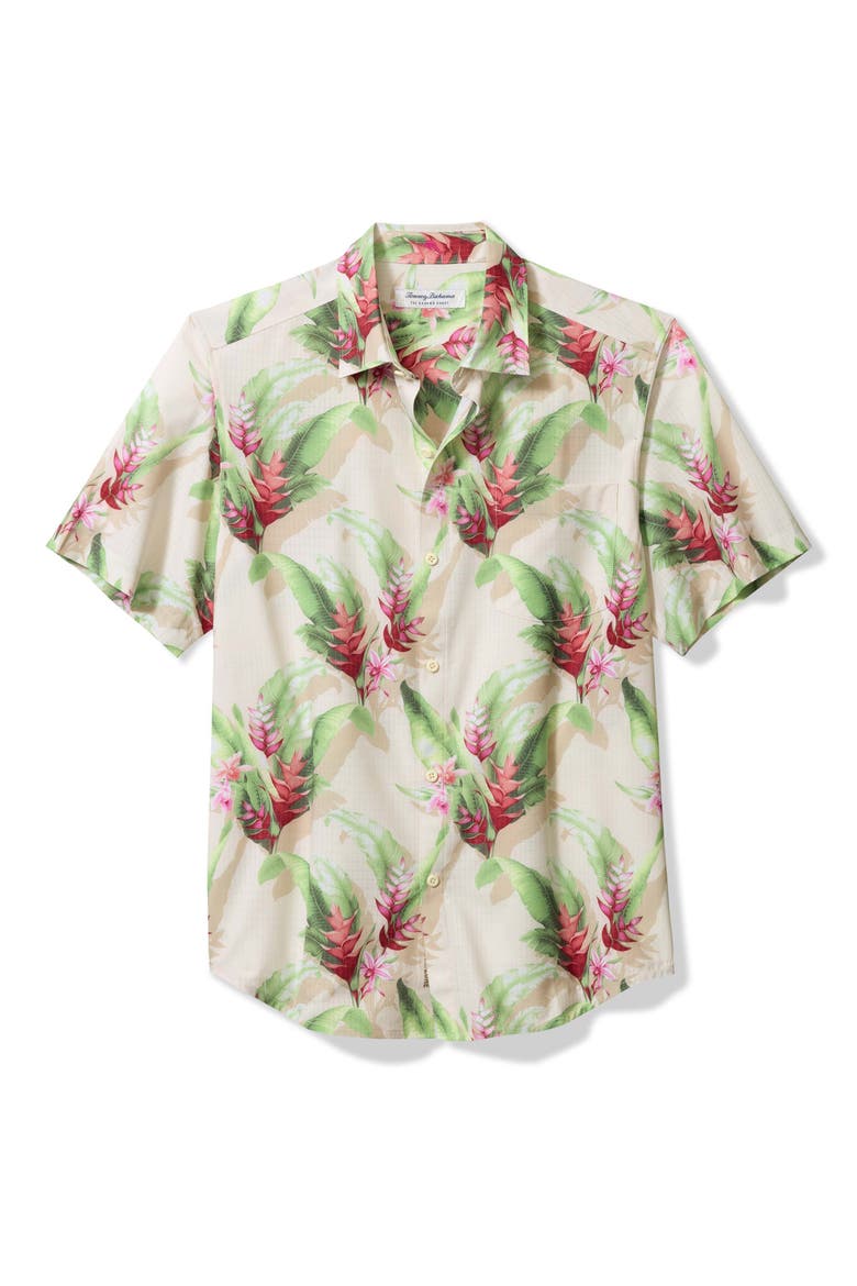 Bahama Coast Paradise Blooms IslandZone® Short Sleeve Button-Up Shirt, Main, color, DARK HAVANA