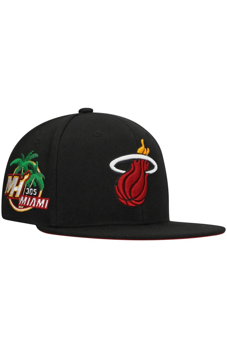 Mitchell & Ness Men's Mitchell & Ness Black Miami Heat Custom Patch Snapback Hat, Main, color,