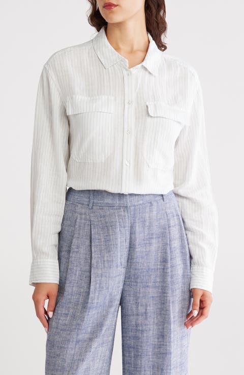 Stripe Linen Blend Crop Button-Up Shirt