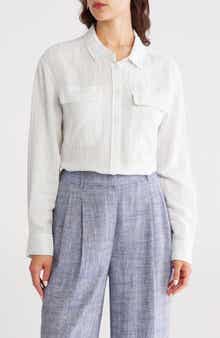 DKNY Jeans Stripe Linen Blend Crop Button-Up Shirt