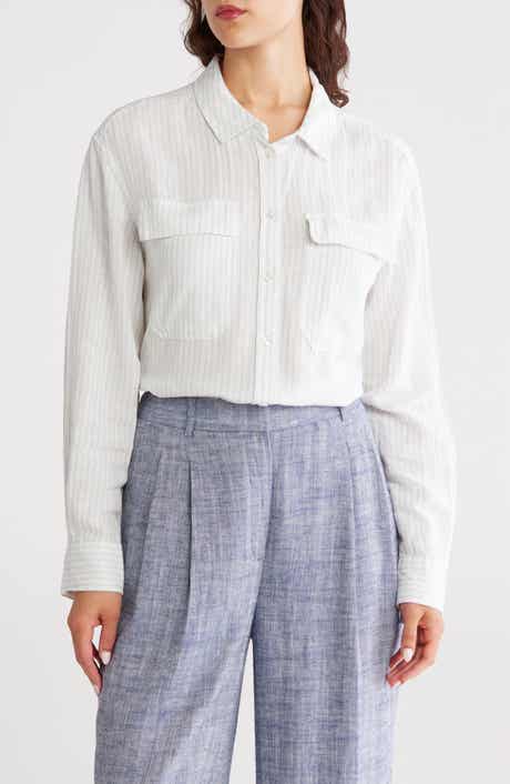 DKNY Jeans Stripe Linen Blend Crop Button-Up Shirt