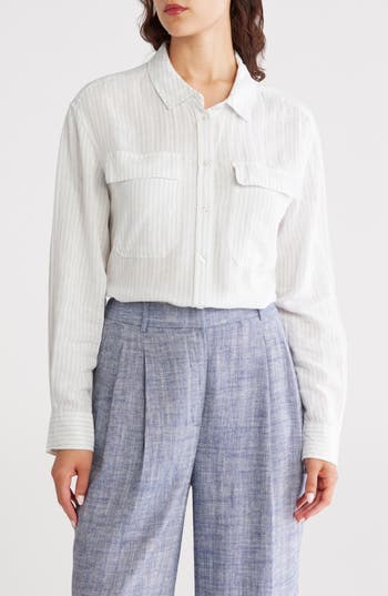 Dkny Jeans Stripe Linen Blend Crop Button-up Shirt