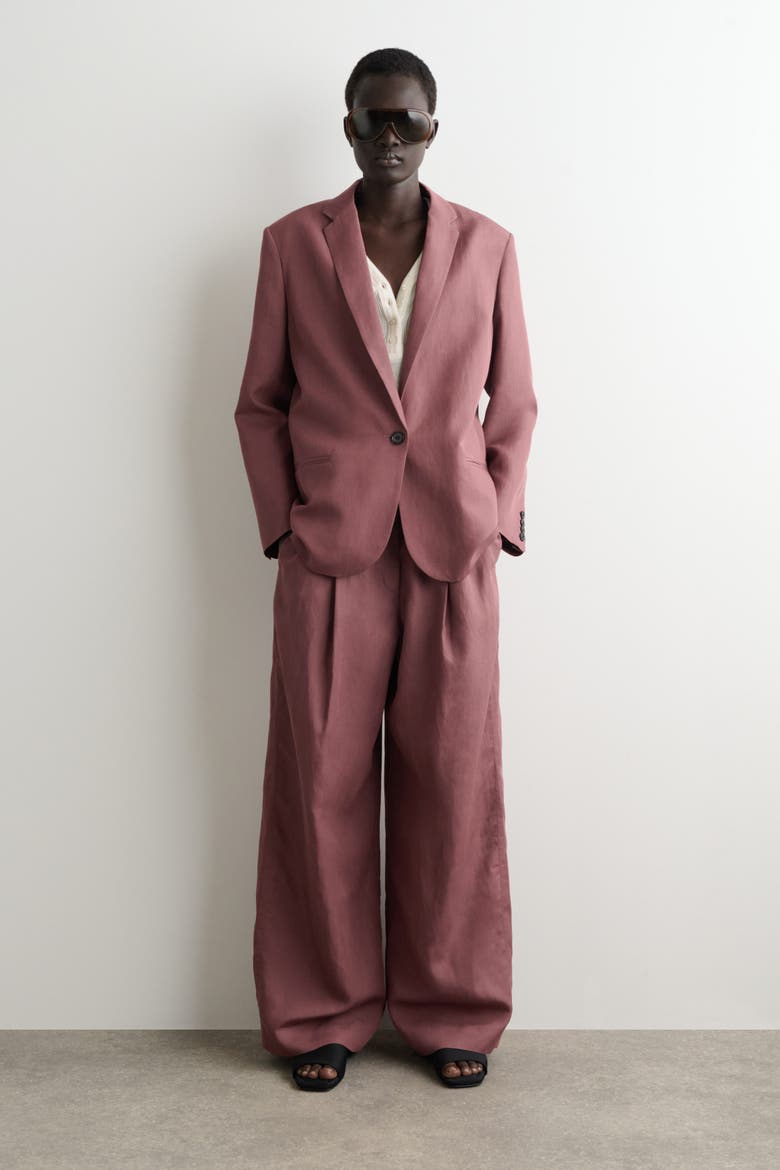 Linen-Blend Single-Breasted Blazer, Main, color, BROWN