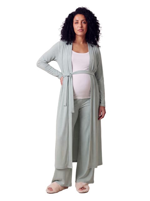 Maternity Basic Long Sleeve Tie Waist Soft Jacket and Elastic Waist Wide Leg Pant Set
