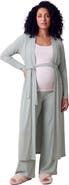 24seven Comfort Apparel Maternity Basic Long Sleeve Tie Waist Soft Jacket and Elastic Waist Wide Leg Pant Set