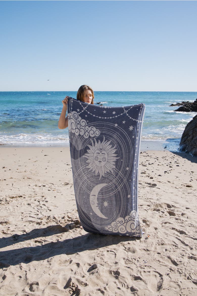 Celestial Sun and Moon Sand Resistant Organic Turkish Towel, Alternate, color, Navy