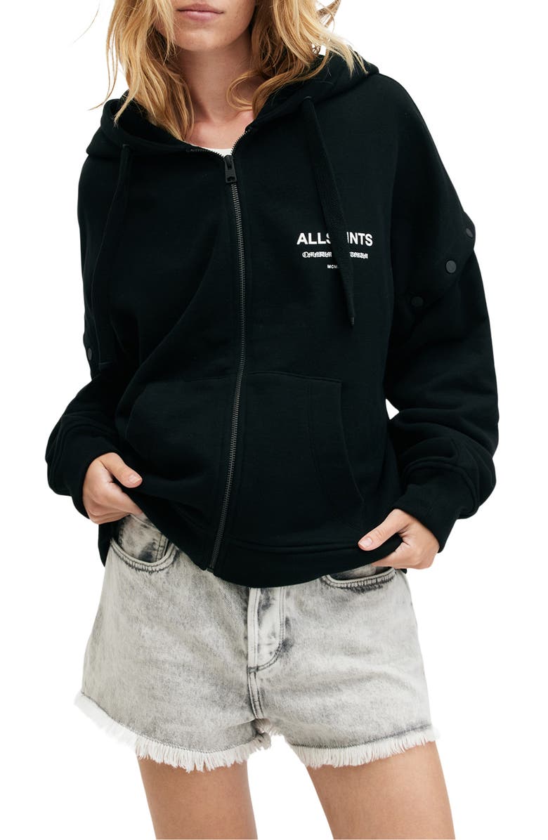 AllSaints Omnium Amphia Logo Graphic Zip Hoodie with Removable Sleeves, Main, color, 