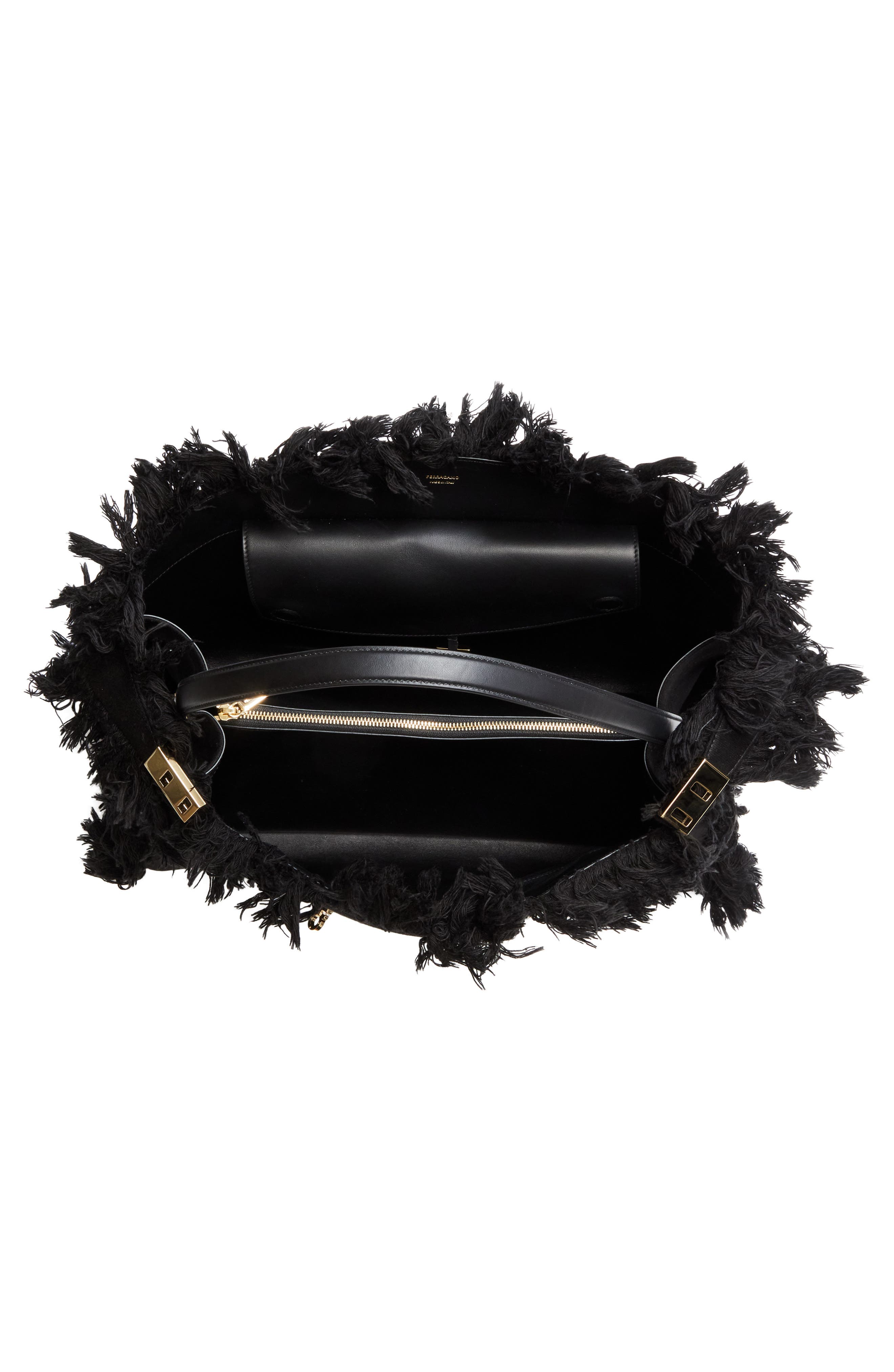 FERRAGAMO Medium Hug Fringed Top Handle Bag, Alternate, color, Nero