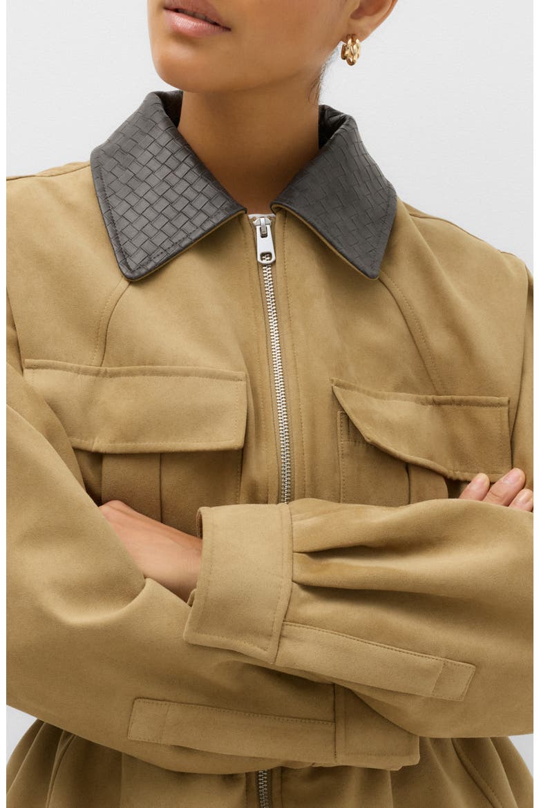 Faux Suede Peplum Jacket with Faux Leather Collar, Alternate, color, BROWN
