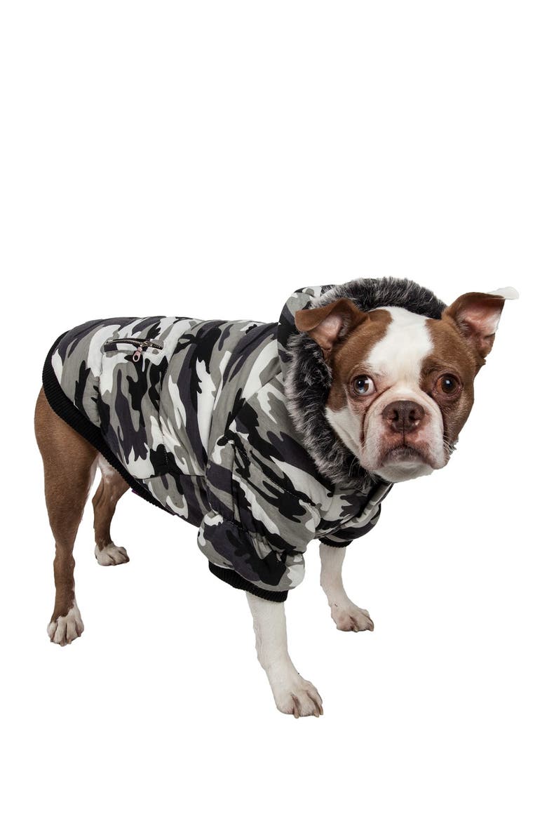 Fashion Pet Faux Fur Trim Parka Coat - X-Small, Main, color, SNOW CAMOUFLAGE