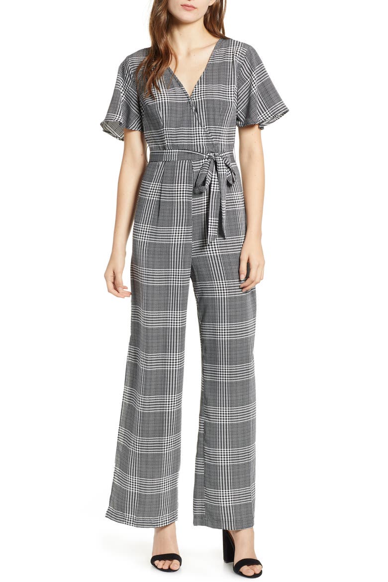 Tie Front Jumpsuit, Main, color, BLACK MENSWEAR PLAID