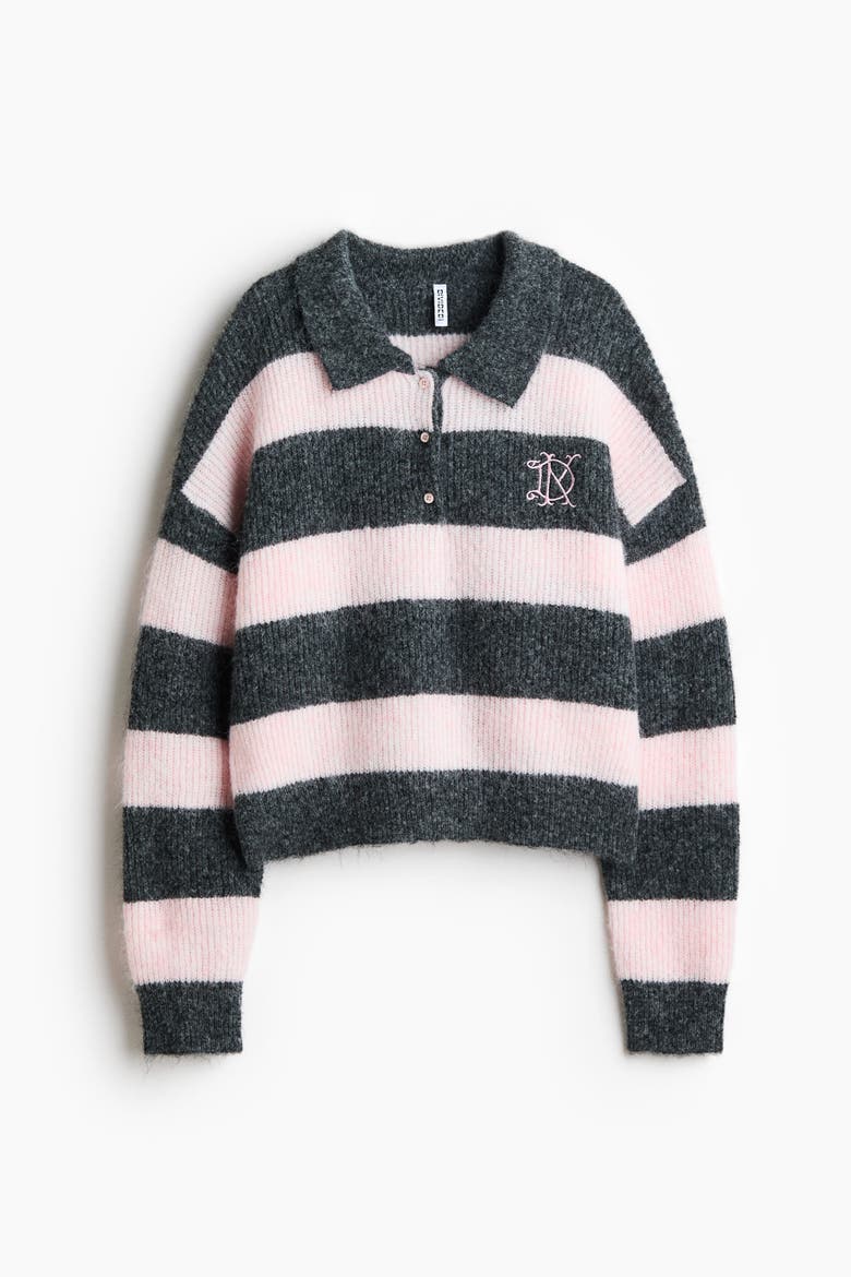 Rib-Knit Polo Sweater, Alternate, color, Dark gray/light pink