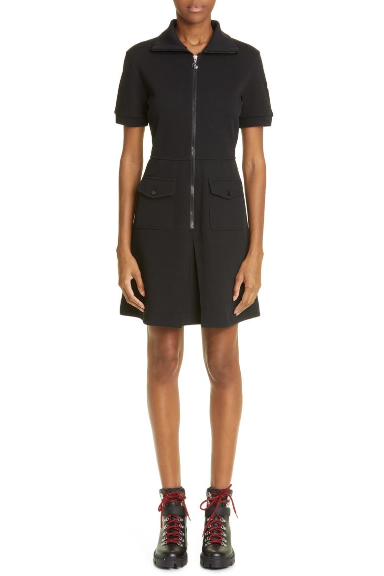 Zip Front Cotton Blend Piqué Dress, Main, color, BLACK