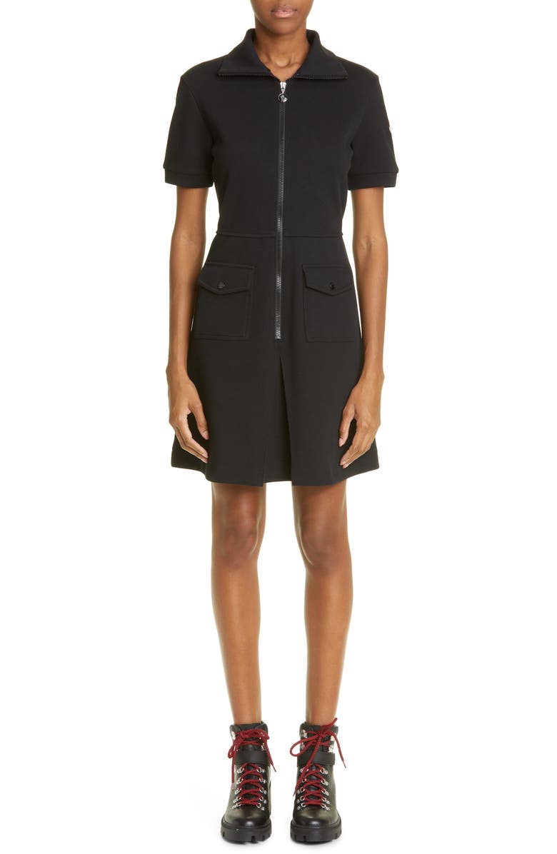 Moncler Zip Front Cotton Blend Piqué Dress, Main, color, 