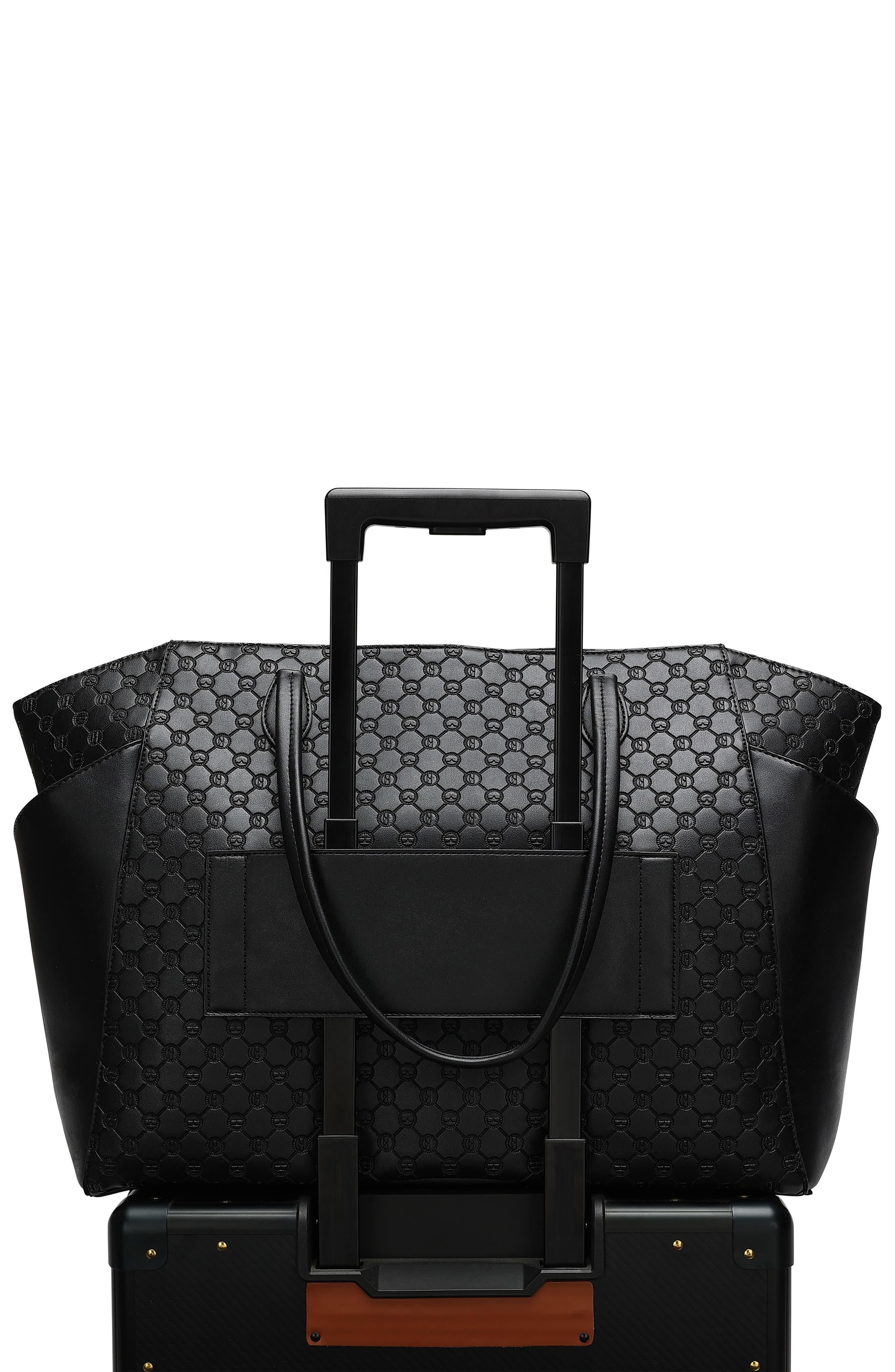 ELLE Compass 32L Vegan Leather Monogram Weekender Duffel Bag, Alternate, color, Black