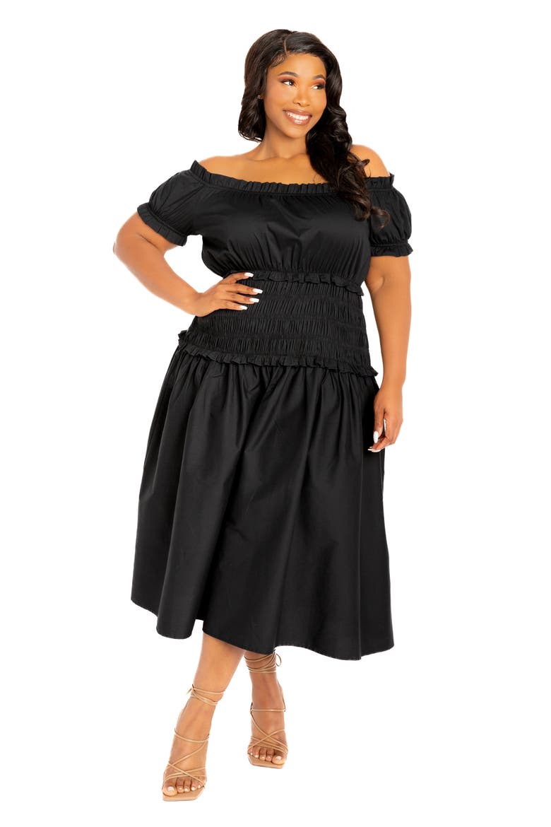 Off the Shoulder Midi Dress, Alternate, color, BLACK