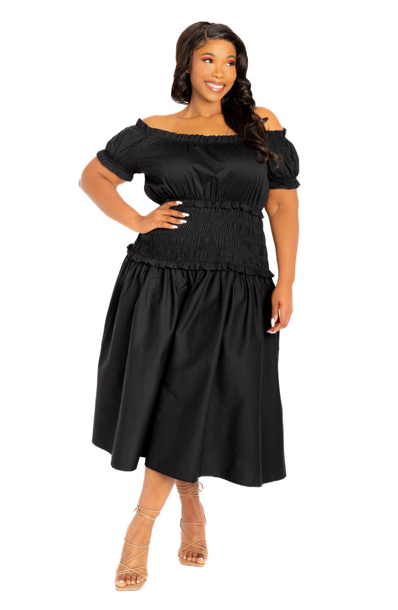 BUXOM COUTURE Off the Shoulder Midi Dress, Alternate, color, Black