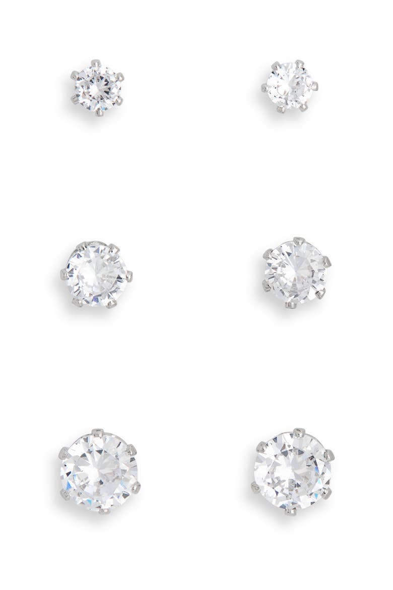 3-Pack Cubic Zirconia Stud Earrings, Main, color, CLEAR- SILVER