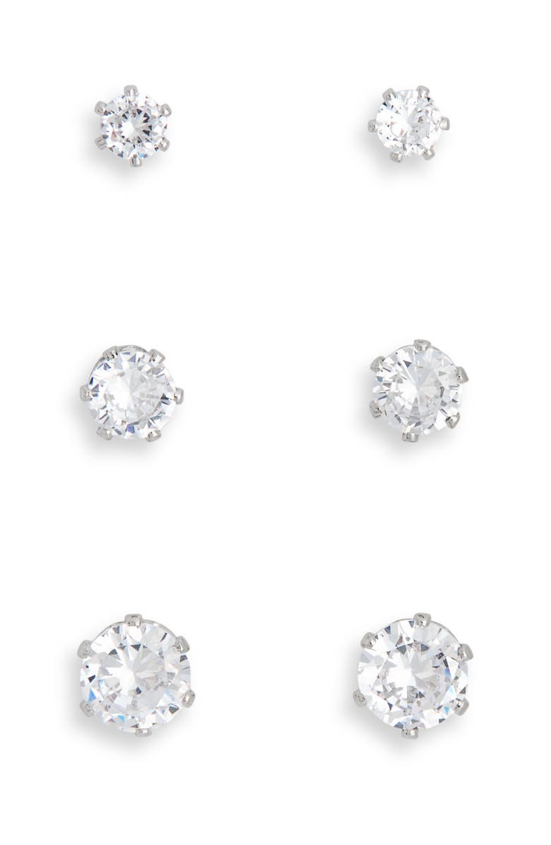 NORDSTROM RACK 3-Pack Cubic Zirconia Stud Earrings, Main, color, Clear- Silver