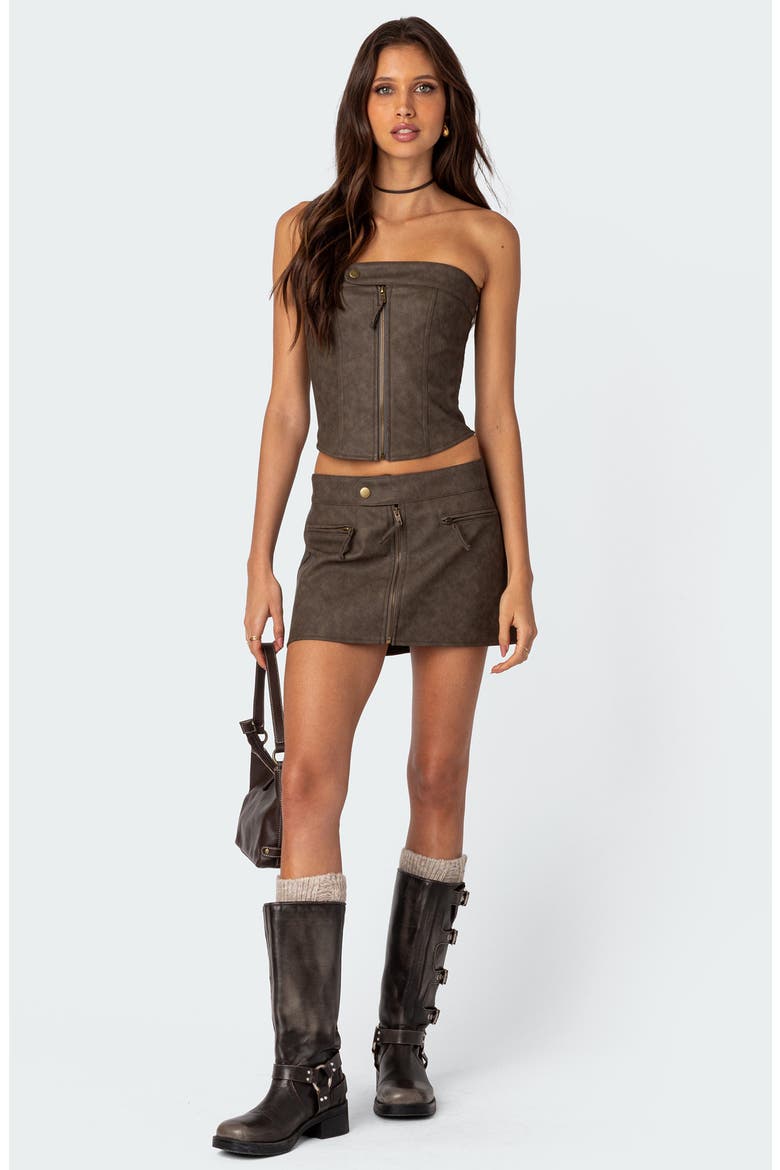 Ziva Faux Leather Strapless Corset Top, Alternate, color, BROWN