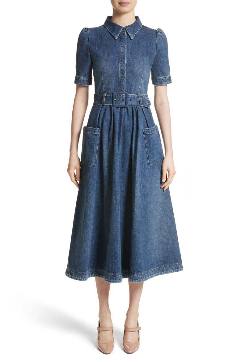 Denim Fit & Flare Midi Dress, Main, color, INDIGO