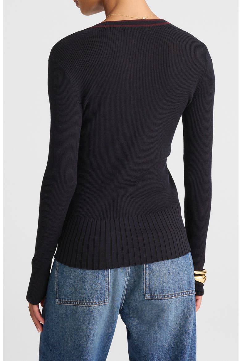 Deep V-Neck Merino Wool & Silk Cardigan, Alternate, color, DARK NAVY COMBO