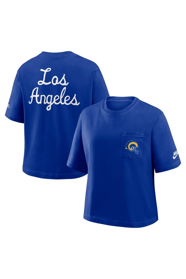 Women's Nike Royal Los Angeles Rams Rewind Pocket Boxy T-Shirt, Alternate, color, Royal