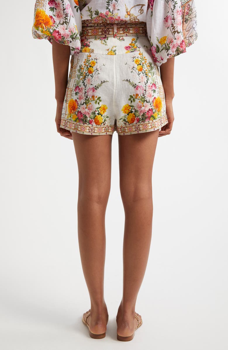 Camilla Egyptian Rose Print Belted Linen Shorts, Alternate, color, 