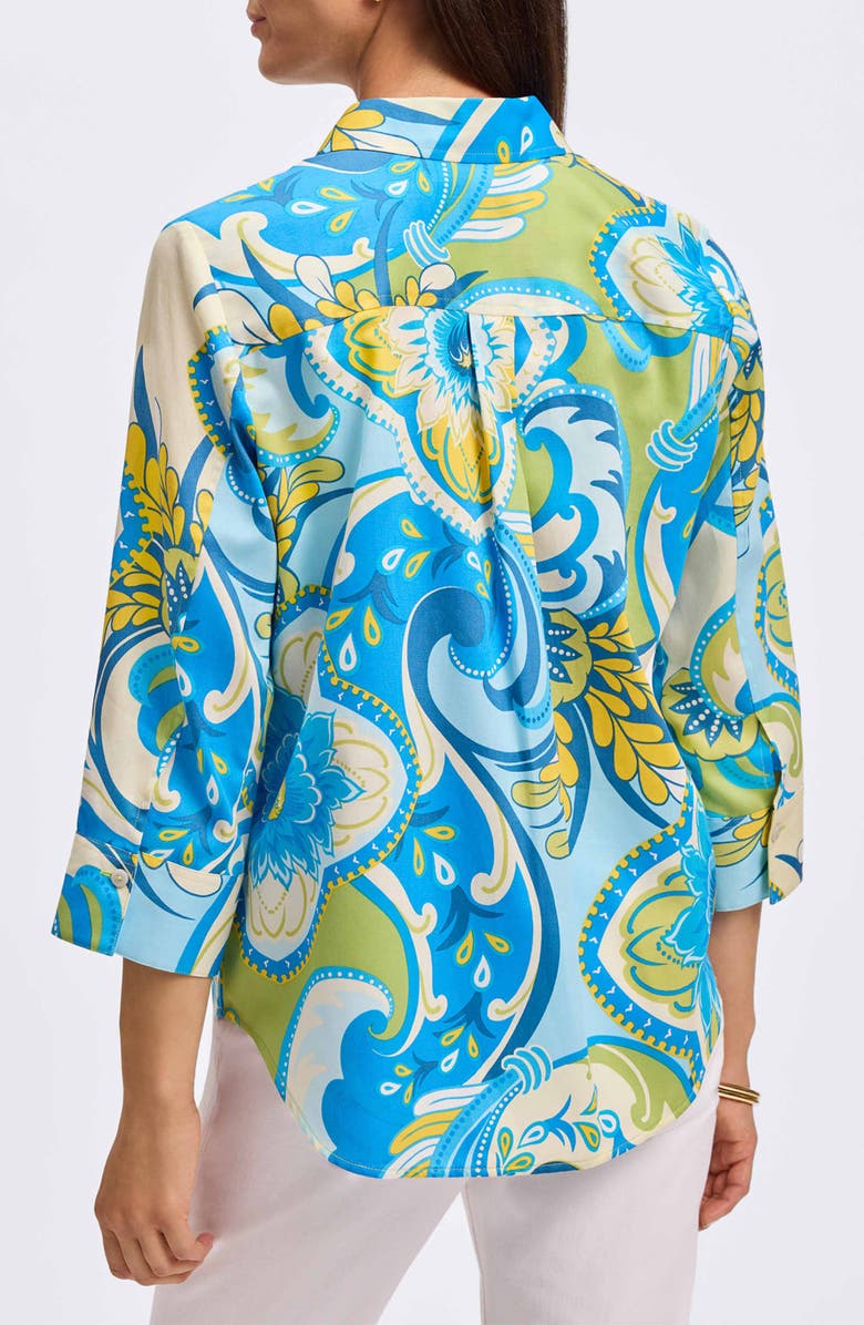 Foxcroft Margie Three-Quarter Sleeve Cotton Button-Up Shirt, Alternate, color, Blue/ Green/ White