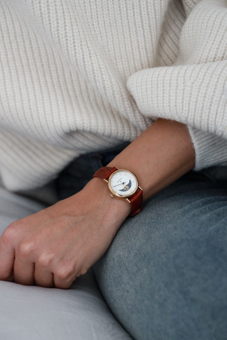 Sun-Moon Round Vintage Leather Watch- 26MM, Alternate, color, Brown